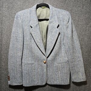 Vintage Harris Tweed Wool Blazer Jacket Blue Handwoven Scotland Tailored Sz 8